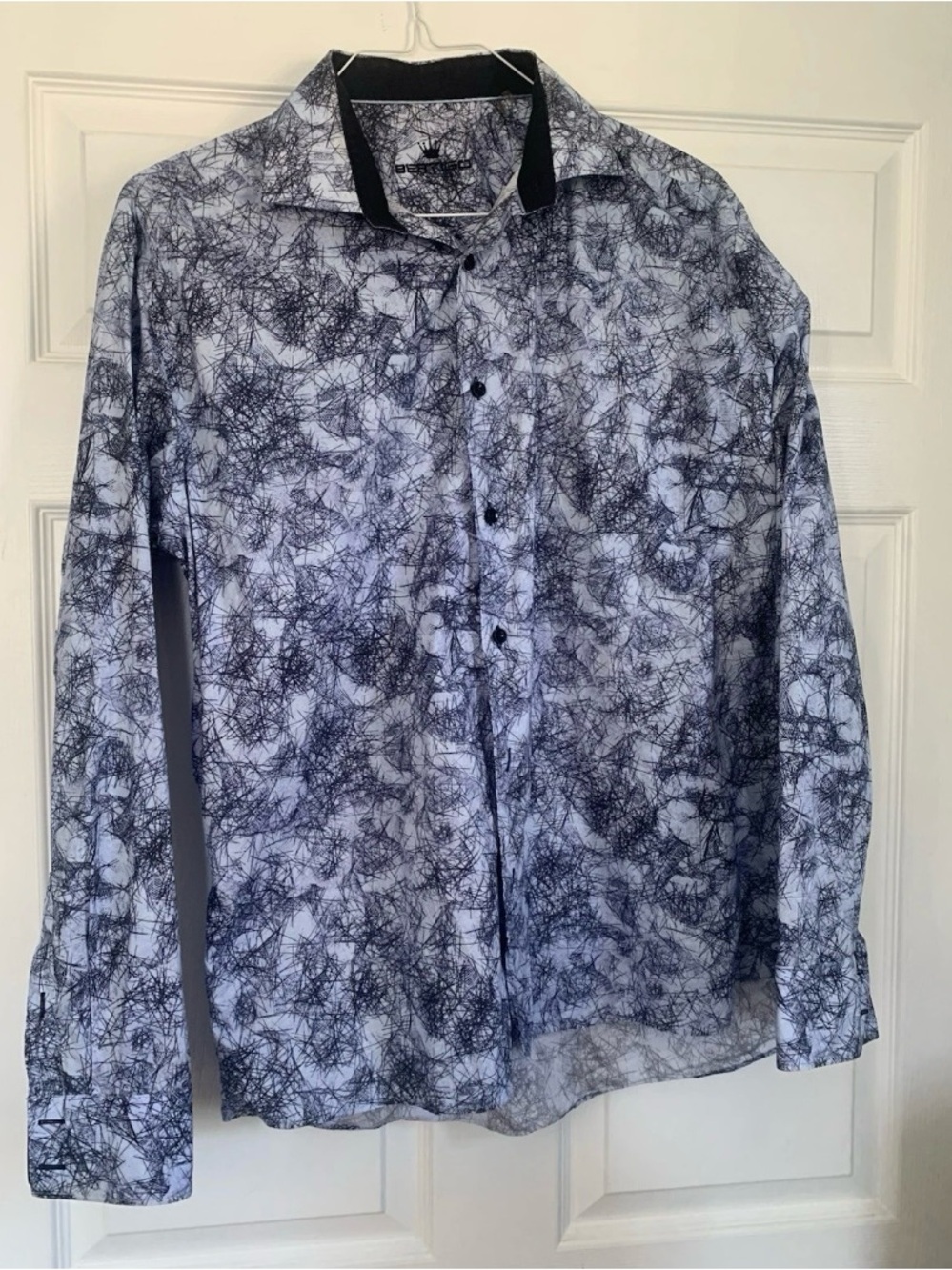 Bertigo XL Abstract Scribble Print Button-Down Shirt - Black & Blue Statement